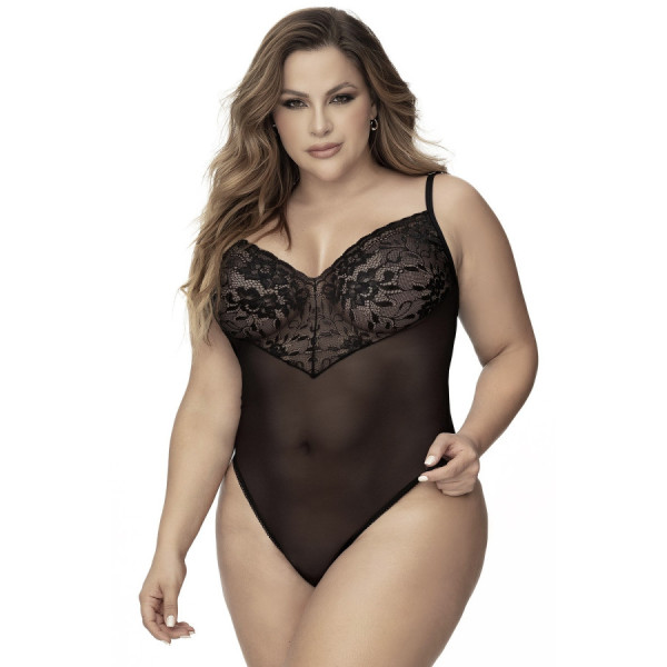 Body, grande taille, noir en dentelle et résille noire 